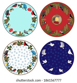 Set of  circle Christmas ornaments  with cute winter birds and branches. For design of plate, tablecloth, CD, clock, umbrella or any other circle object.
