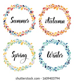 set of circle color wreaths frame with four calligraphic  seasons names vector illustration isolated on white