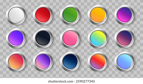 Set of circle colorful glossy gradient buttons with silver round. vector
