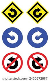 set circle diamond shape right and left degree loop arrow road traffic sign direction icon. highway route collection road flat symbol for web mobile isolated white background illustration.