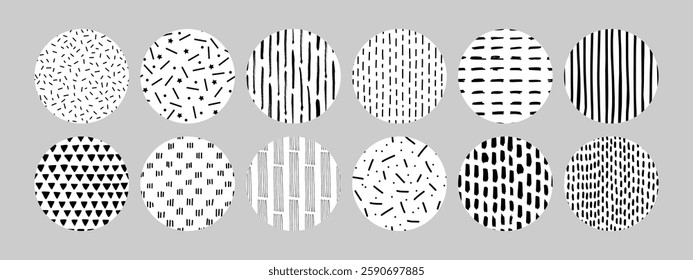 Set of circle doodle textures with hand drawn triangles, dashes, and lines. Perfect for creative designs, packaging, branding, patterns, and digital or print projects. Vector illustration