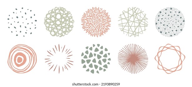 Set of circle doodle textutes. Vector hand drawn abstract patterns, lines and dots. Freehand drawing for design.