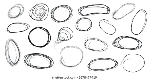 Set of circle doodles, hand drawn black line. Vector collection of hand drawn lines, circles with editable stroke.
