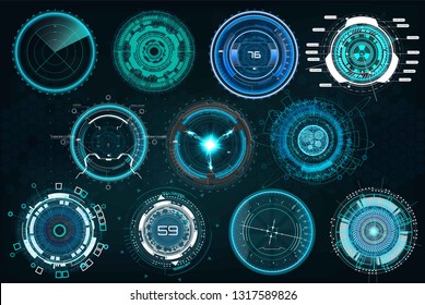 Set circle elements in a futuristic (HUD) style.Interface Device: Radars, crosshair, aim, turbojets, hours, mechanisms. Vector set elements HUD, UI, FI, SCI, GUI