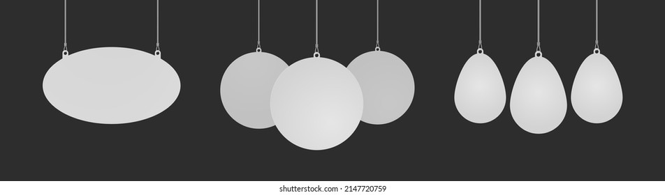 Set of circle, ellipse and egg shaped danglers hanging from ceiling realistic mockup. Mock up of advertising promotion pointer for supermarket sale announcement. Mall store label vector illustration
