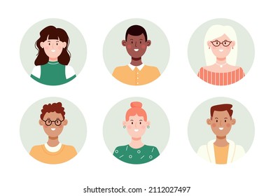 Set of circle face avatar. Collection of multiracial male and female portraits for profile icons. Flat vector illustration.