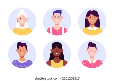 Set of circle face avatar. Collection of multiracial male and female portraits for profile icons. Flat vector illustration.