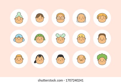 Set of Circle Face Avatars. Round stickers. Stylish Haircuts. Minimalistic Icons. Colorful Outline Vector illustration. Head with wide chin. Isolated on pink. Cartoon Asian style. Simple cute design. 