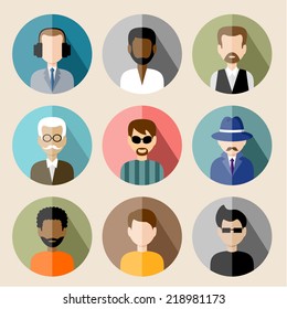 Set of circle flat icons with man. vector illustration