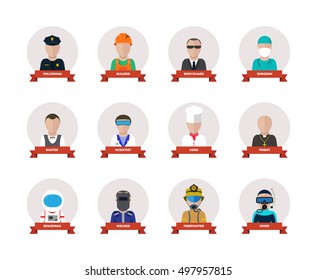 Set of Circle Flat Icons with Man of Different Professions.