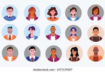 Set of circle flat icons with men and women. vector illustration