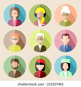 Set of circle flat icons with people. vector illustration
