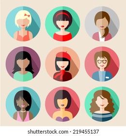 Set of circle flat icons with woman. vector illustration
