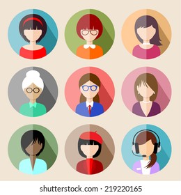 Set of circle flat icons with women. vector illustration