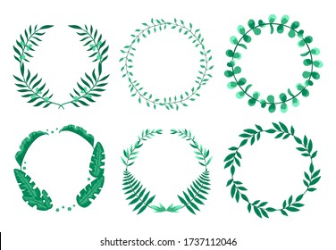 Set Of Circle Floral Frames With Green Leaves. Eucalyptus, Palm, Fern, And Olive Leaves. Floral Design For Banners, Sales, Promotions. Vector Hand-drawn Illustrations.