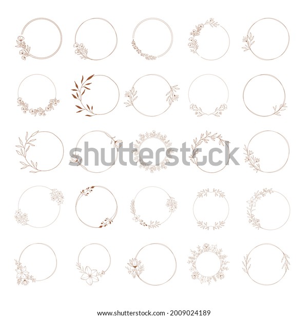 Set of circle floral\
frames for wedding design. Hand drawn vintage style. Vector\
isolated illustration.