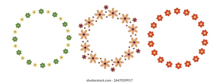 Set of Circle flower frames. Elegant, minimal floral border, rounded wreath. Suitable for wedding invitations, cards, profile decoration, social media, web, and print, etc. Green, yellow, orange.