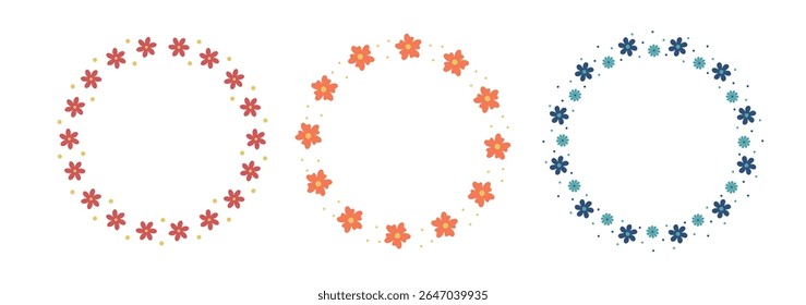 Set of Circle flower frames. Elegant, minimal floral border, rounded wreath. Suitable for wedding invitations, cards, profile decoration, social media, web, and print, etc, Pink, yellow, blue.