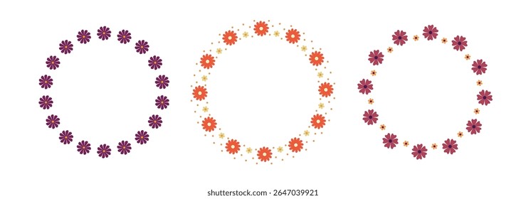 Set of Circle flower frames. Purple, pink, elegant, minimal floral border, rounded wreath. Suitable for wedding invitations, cards, profile decoration, social media, web, and print, etc