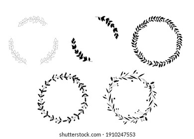 Set of circle flowers frames. Black and white. Decorative Wreaths for design, logo template, wedding save date, valentine, for party, holiday decor, textile.	