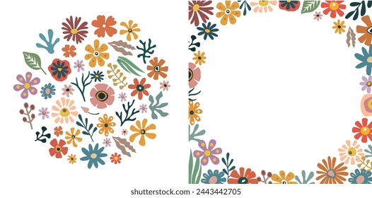 Conjunto de banners de marco circular con elementos florales.
