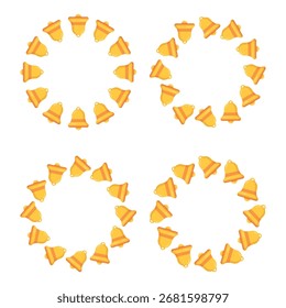 Satz von Kreisrahmen Glockenkränze. Vektorgrafik vier festliche Kränze aus goldenen Glockensymbolen in kreisförmigen Formen für Aufkleber, Banner, Karten einzeln auf weißem Hintergrund