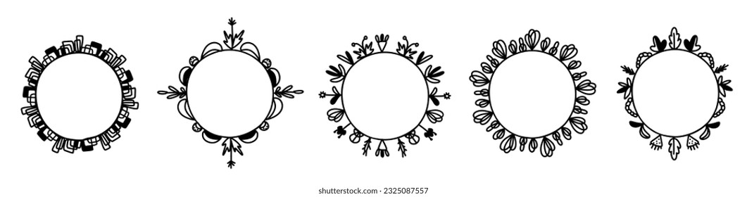 Satz von Kreisrahmen mit Blumen und abstrakten Elementen im Doodle-Stil