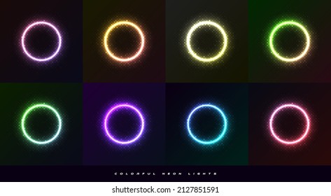 Set of Circle Frame with Glowing Neon Effect and Halftone Style. Collection of Colorful Neon Lighting Isolated on Dark Background with Copy Space