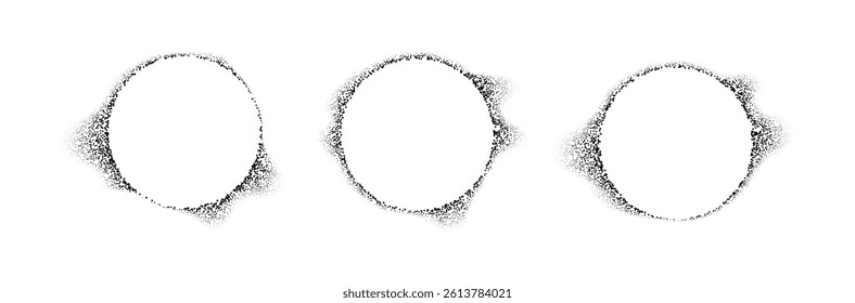 Set of circle frame with grain dot powder. Vector collection of circular border with splattered drip paint, Black ink splattered stencil texture.
