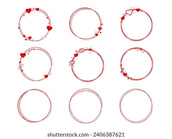 Set of circle frame with hearts. Valentine's Day red frame with a hearts. Geometric frame with a hearts. Trendy abstract Valentine's day frames.