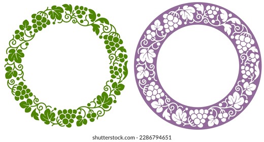 Set of circle frame with patterns of vine, ripe grape and leaves. Seamless pattern, isolated and ornament on colored background. Vector illustration