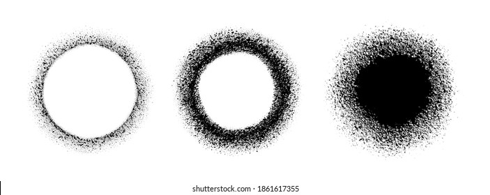 Set circle frame with spray effect. Collection circular border of grunge dots. Ring boarder. Round brush. Spot paint. Drip point radial shape. Urban street design for prints. Faded uneven dot. Vector