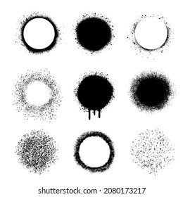 Set circle frame with spray effect. Graffiti ink texture. Border of grunge dots. Airbrush ink dot banner. Spray brush background. Vector isolated illustration.