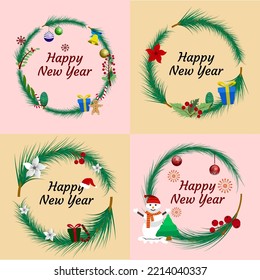 Set of circle frame tree Christmas day and happy new year