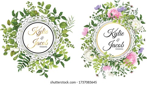 Conjunto de armazón de círculo de flores silvestres y hierbas. Ilustración vectorial de diseño de elementos. Aislado sobre fondo blanco. Perfectamente para el diseño de tarjetas de felicitación. 