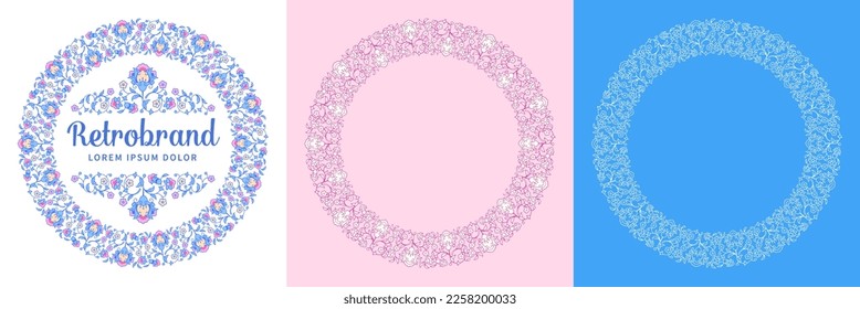 Set of circle frames with arabesque floral ornament and place for text. Round borders in Arabian style with flowers and leaves. Vector illustration