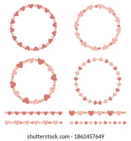 Set of circle frames and borders with pastel coral heart elements. For Valentine's Day, wedding, baby shower, birthday party, photo frames, etc. 