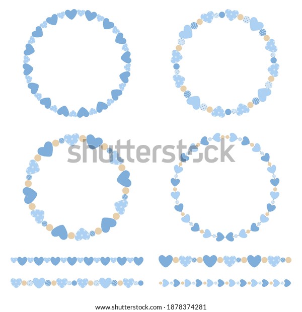 Set of circle frames and borders with\
pastel blue heart elements. For Valentine\'s Day, wedding, baby\
shower, birthday party, photo frames, etc.\
