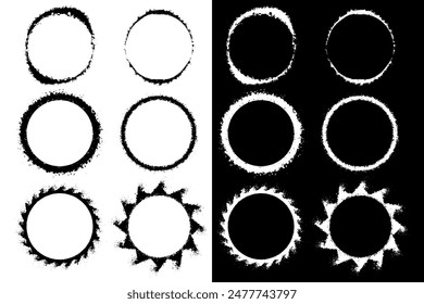 Set of Circle frames with grunge splatter effect, stencil graffiti borders with rough ink brush strokes