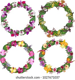 Set of circle frames made of orchids and floral elements. Hand drawn elements for design. Isolated on white.