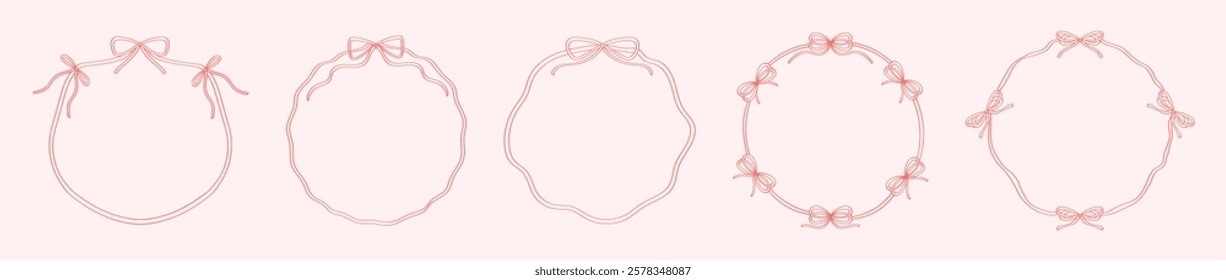 Set circle frames with ribbon and bows with wavy thin lines and space for text. Vintage set of decorative elements of round frames with bows. Cute borders for invitation and holidays