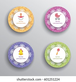 Set of circle frames for text with baby icon.