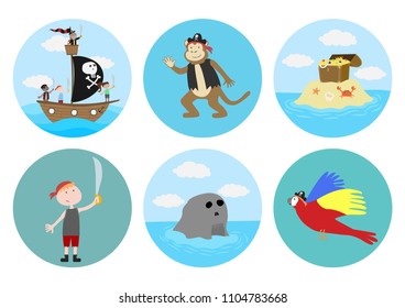 Set of circle gift tag, badge, button pin, cake decoration. Pirates adventure, boy, party, treasure hunt, island, ship, sail, parrot, monkey.