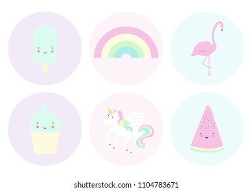 Set of circle gift tag, badge, button pin, cake decoration. Cute, pastel colors, mint, tropical, flamingo, watermelon, rainbow, unicorn, ice lolly, cupcake. Girl party decorations.