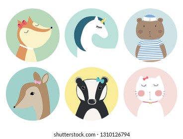 Set of circle gift tag, badge, button pin cute animals