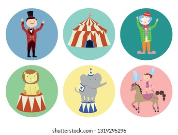 Set of circle gift tag, badge, button pin circus