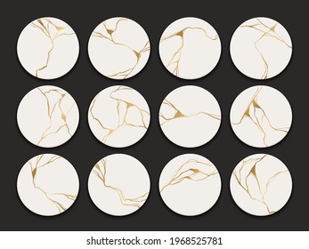 Set of circle gold kintsugi patterns. Japanese art of repairing broken pottery. Vector broken and cracks for home prints, posters, wallpapers. Golden material of kintsugi restoration technique. 