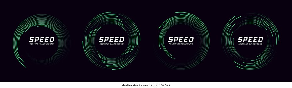 Set of circle green speed lines. Geometric art, radial border for logo. Halftone round elements vector.