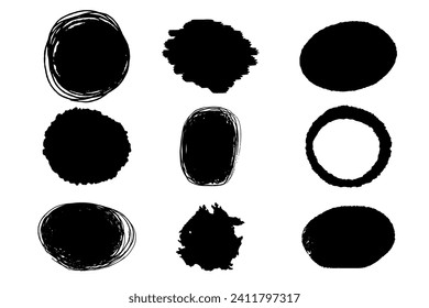 Set circle grunge jagged frames border doodle cartoon abstract scribble shapes isolated on white background. Circular paint sphere stroke.