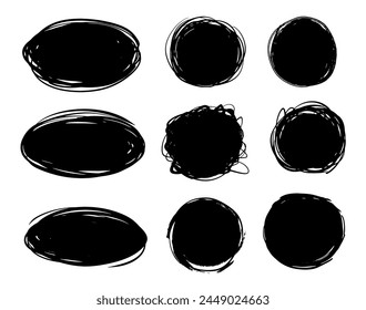 Set of circle grunge sketch. Hand drawn shapes doodles. Black vector brush scribble.